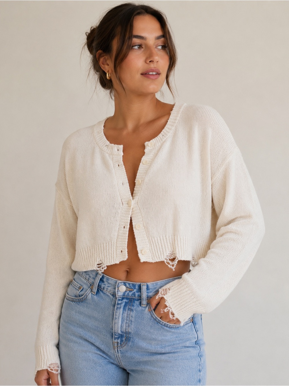 Zara Cream Distressed Cropped Button-Front Cardigan